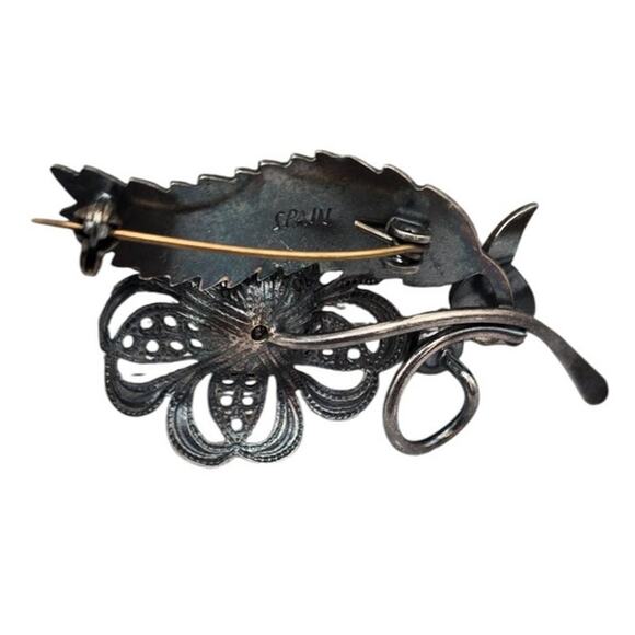 Green Cabochon Floral Vintage Filigree Spanish Brooch - Picture 7 of 9